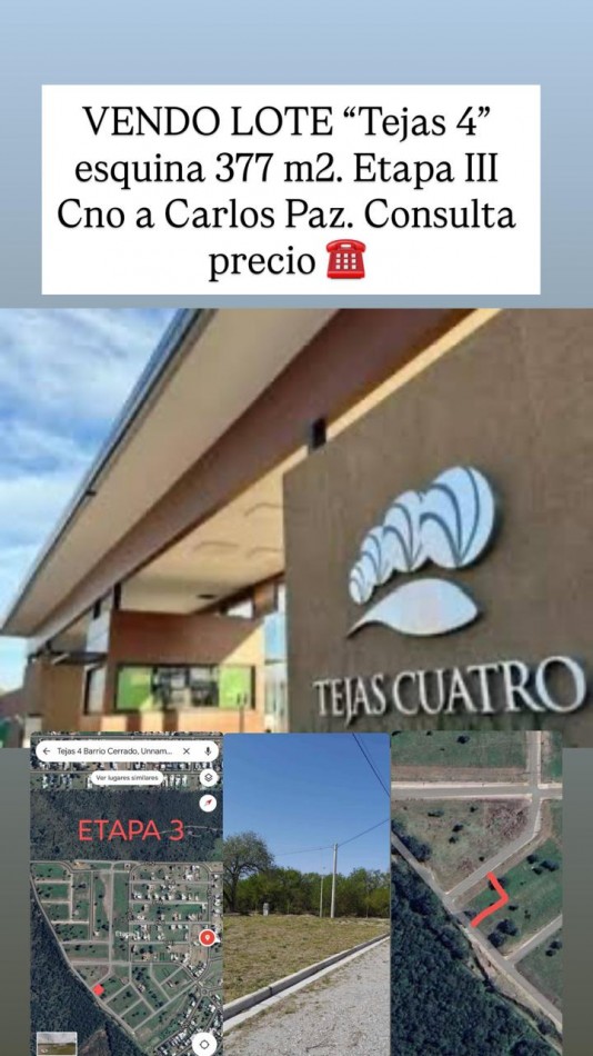 Tejas 4 vendo terreno 377m2 esquina etapa 3 frente plaza
