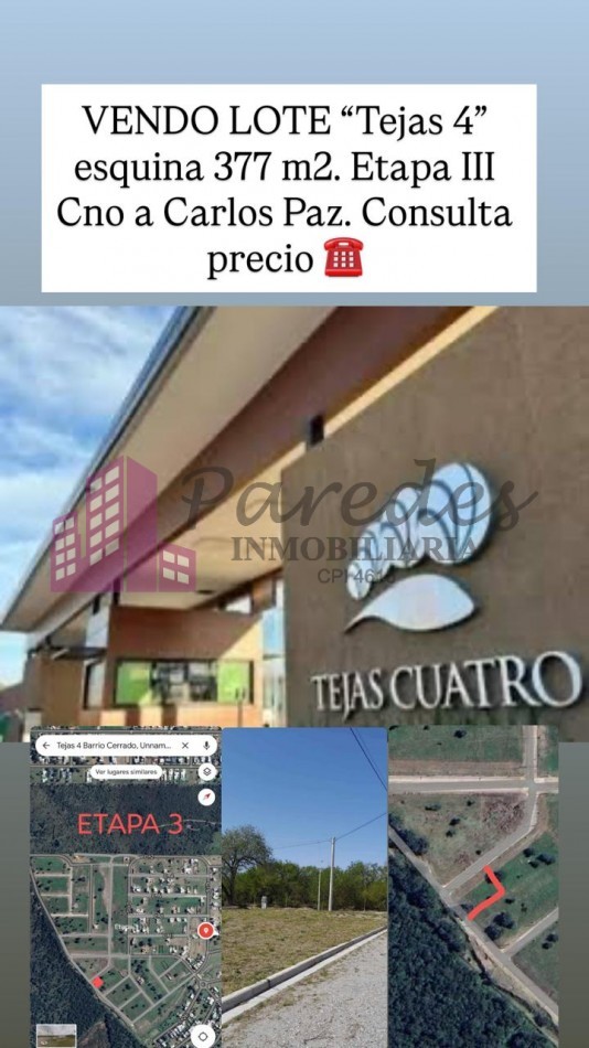 Tejas 4 vendo terreno 377m2 esquina etapa 3 frente plaza